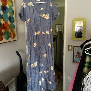 Volcom Blue Floral Tie-Waist Midi Dress